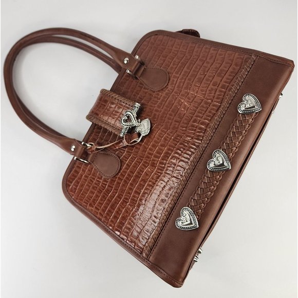 Womens Purse Brown Faux Croc Heart Charm Mom Core Braided Trim Clutch Bag - Picture 2 of 16